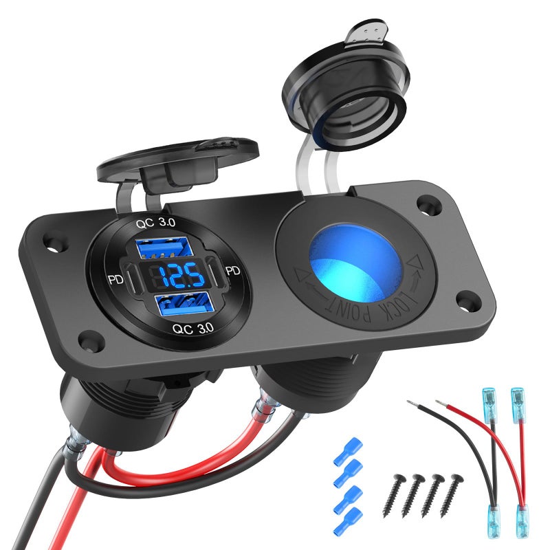 Hapytrip 2025 Upgraded 4 Port 12 Volt USB Outlet Cigarette Lighter Socket Panel, Dual PD3.0 and Dual QC3.0 USB Ports Aluminum Car Charger with Voltmeter, Lighted 150W Socket, 2 in 1 DIY Kit for Boat RV, etc. - Image 1