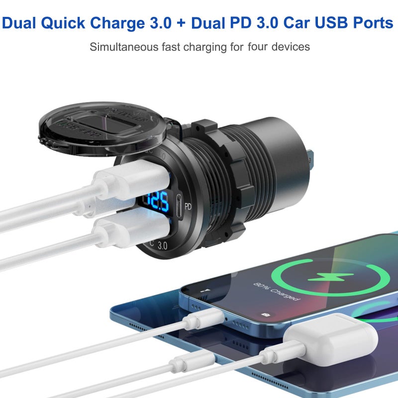 Hapytrip 2025 Upgraded 4 Port 12 Volt USB Outlet Cigarette Lighter Socket Panel, Dual PD3.0 and Dual QC3.0 USB Ports Aluminum Car Charger with Voltmeter, Lighted 150W Socket, 2 in 1 DIY Kit for Boat RV, etc. - Image 2