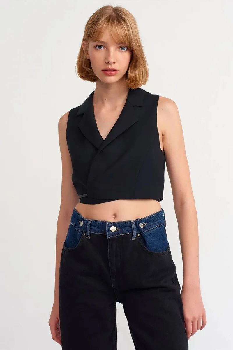 DILVIN Women's Fitted Crepe Crop Blouse With Tie Front