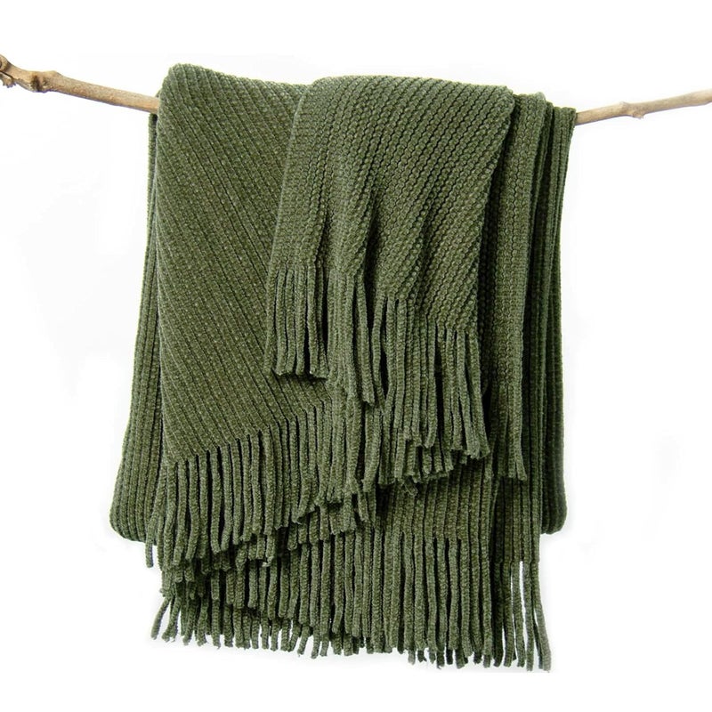 lifein Throw Blanket for Couch, Soft Green Boho Decor Bed Throw,Cozy Knitted Chenille Farmhouse Lightweight Throw(Olive Green,50 * 60") - Image 1