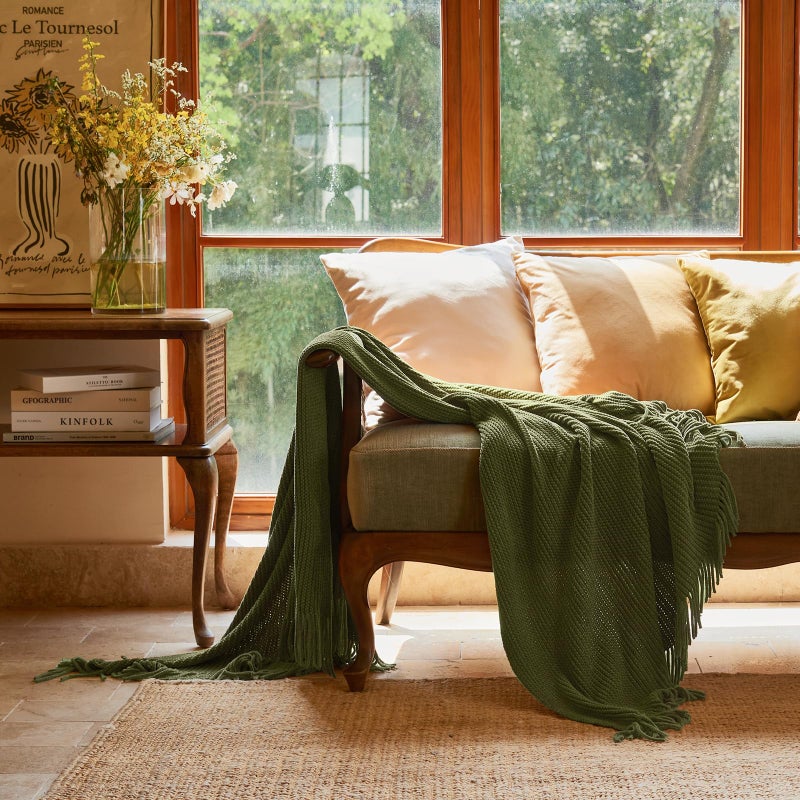 lifein Throw Blanket for Couch, Soft Green Boho Decor Bed Throw,Cozy Knitted Chenille Farmhouse Lightweight Throw(Olive Green,50 * 60") - Image 2