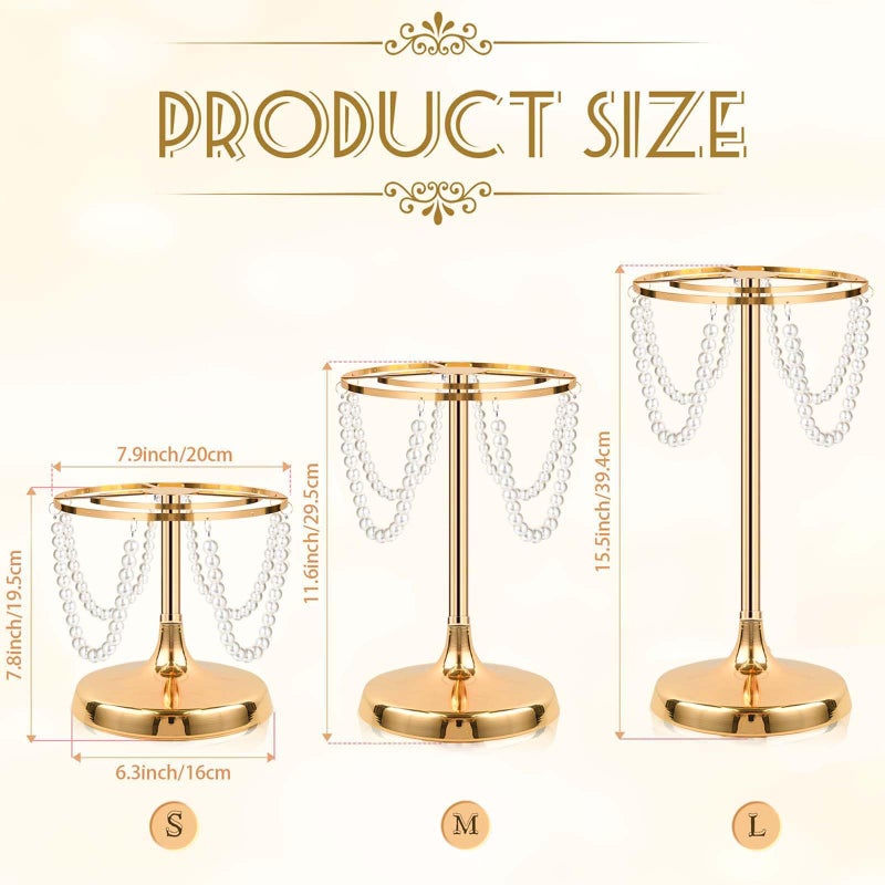 kolnlala Set of 3 Gold Round Pearl Cake Stand, Dessert Table Metal Cake Display Stand Set with Pearl Pendant Wedding Birthday Cake Base Stand for Wedding Anniversary Birthday Party Celebration - Image 2