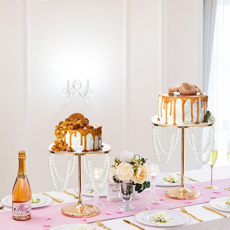 kolnlala Set of 3 Gold Round Pearl Cake Stand, Dessert Table Metal Cake Display Stand Set with Pearl Pendant Wedding Birthday Cake Base Stand for Wedding Anniversary Birthday Party Celebration - Image 5