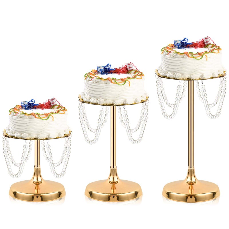 kolnlala Set of 3 Gold Round Pearl Cake Stand, Dessert Table Metal Cake Display Stand Set with Pearl Pendant Wedding Birthday Cake Base Stand for Wedding Anniversary Birthday Party Celebration - Image 1