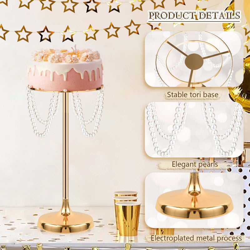 kolnlala Set of 3 Gold Round Pearl Cake Stand, Dessert Table Metal Cake Display Stand Set with Pearl Pendant Wedding Birthday Cake Base Stand for Wedding Anniversary Birthday Party Celebration - Image 4