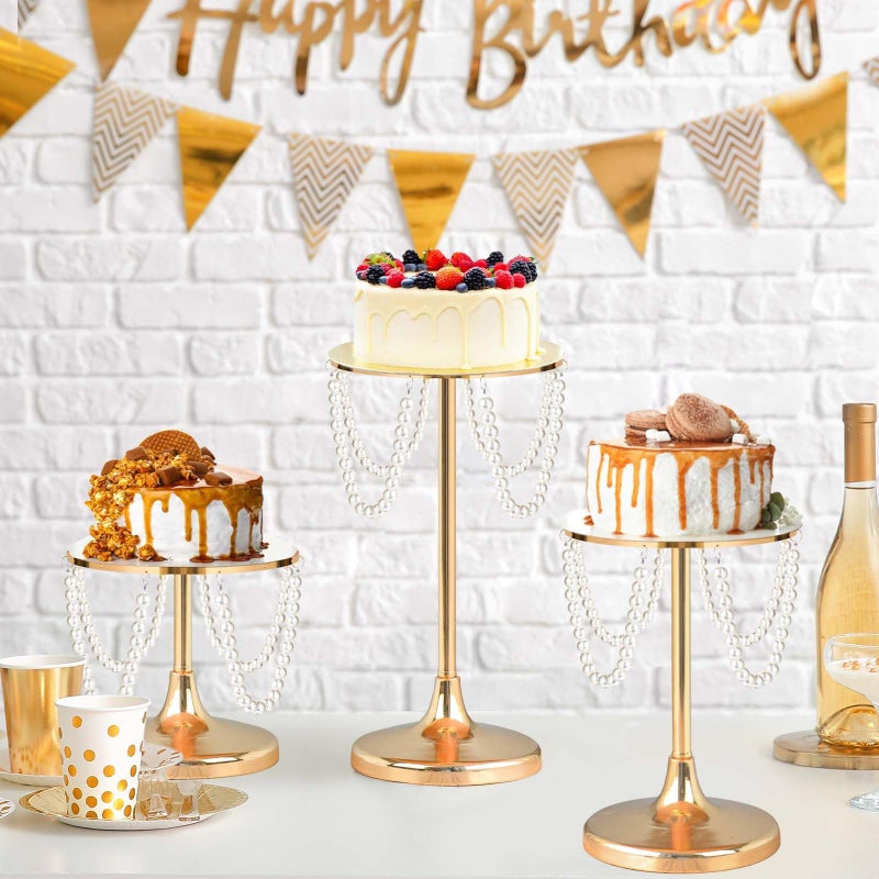kolnlala Set of 3 Gold Round Pearl Cake Stand, Dessert Table Metal Cake Display Stand Set with Pearl Pendant Wedding Birthday Cake Base Stand for Wedding Anniversary Birthday Party Celebration - Image 3