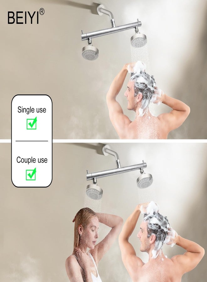 Beiyi Brushed Nickel Double Shower Heads for Two People Rod Dual Shower Head Adapter with Shut Off Valve G1/2 Connection, for Rain & Handheld Shower Combo - Image 2