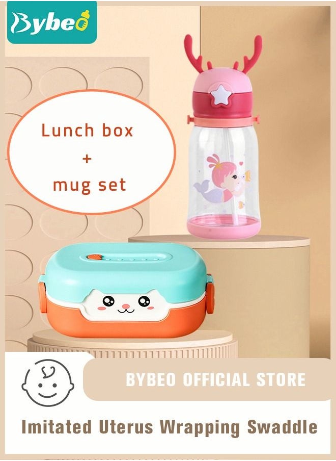 Kids Bento Lunch Box with Children's Food Grade Straw, Water Cup, Leak Proof 2 Grid Heat Insulation Design, Portable Toddler Snack Containers, BPA Free, Microwave Safe