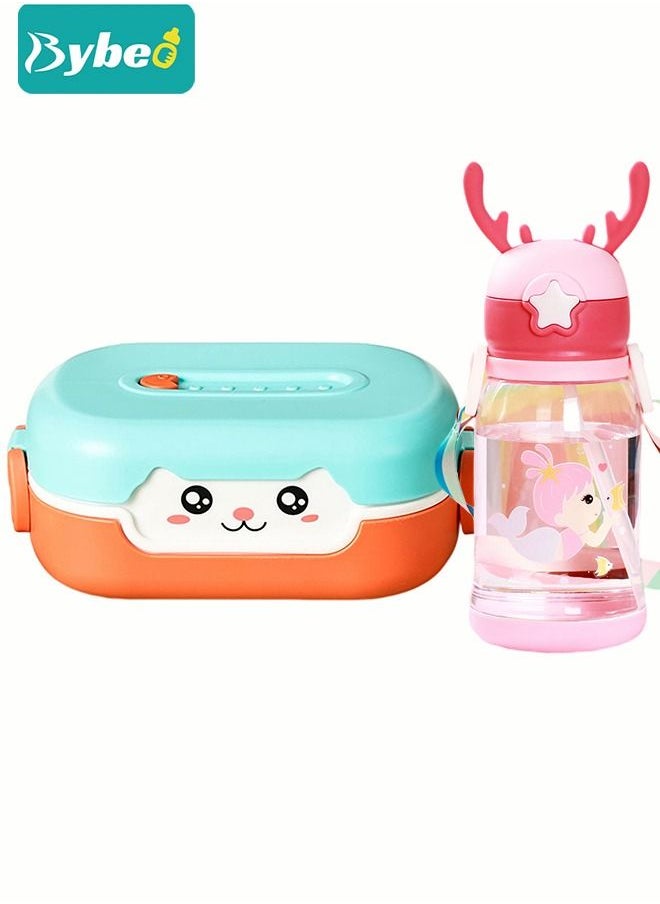 Kids Bento Lunch Box with Children's Food Grade Straw, Water Cup, Leak Proof 2 Grid Heat Insulation Design, Portable Toddler Snack Containers, BPA Free, Microwave Safe