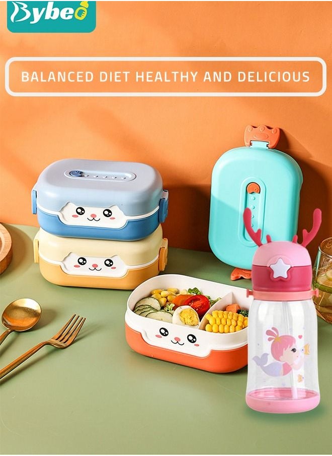 Kids Bento Lunch Box with Children's Food Grade Straw, Water Cup, Leak Proof 2 Grid Heat Insulation Design, Portable Toddler Snack Containers, BPA Free, Microwave Safe