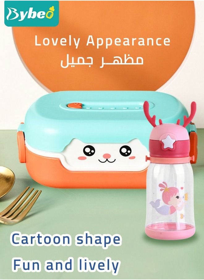 Kids Bento Lunch Box with Children's Food Grade Straw, Water Cup, Leak Proof 2 Grid Heat Insulation Design, Portable Toddler Snack Containers, BPA Free, Microwave Safe