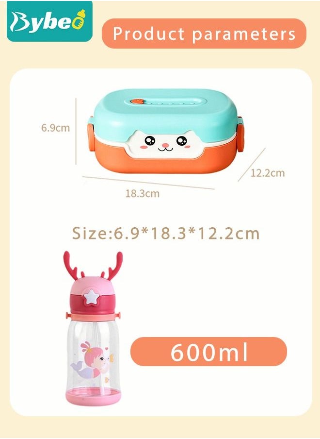 Kids Bento Lunch Box with Children's Food Grade Straw, Water Cup, Leak Proof 2 Grid Heat Insulation Design, Portable Toddler Snack Containers, BPA Free, Microwave Safe
