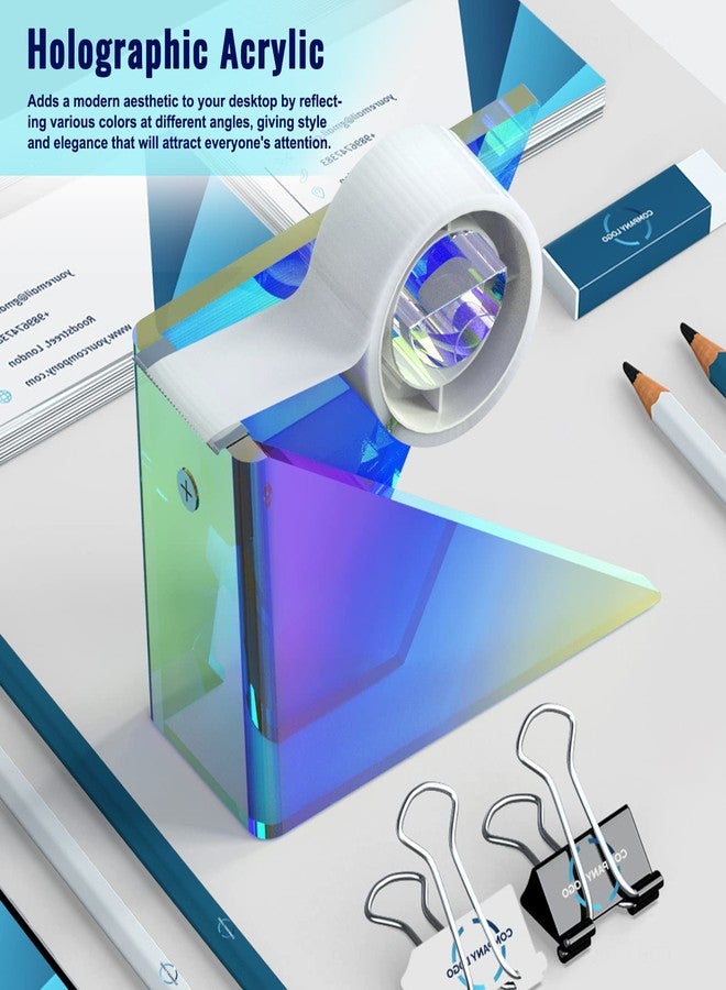 NiOffice Iridescent Acrylic Tape Dispenser with Sharp Stainless Steel Sawtooth for Standard 1 Inch Roll, Colorful Clear Aesthetic School Supplies Office Desktop Décor - Image 2
