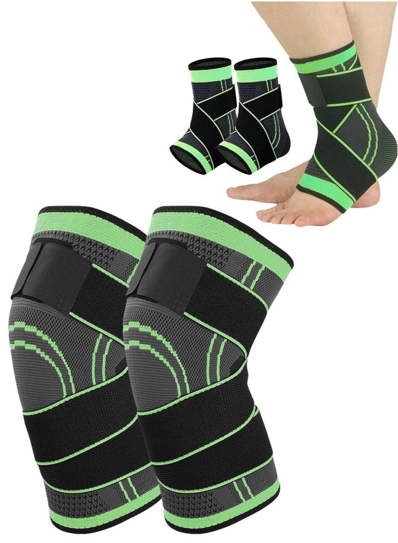 أس تس إل طقم ضغط الركبة وأكمام الركبة المكونة من قطعتين للرجال والنساء - كم دعم الركبة القابل للتعديل للجري وركوب الدراجات وكرة السلة + دعامة الكاحل لتخفيف التهاب اللفافة الأخمصية والكاحل الملتوي، وسادة الركبة - Image 1
