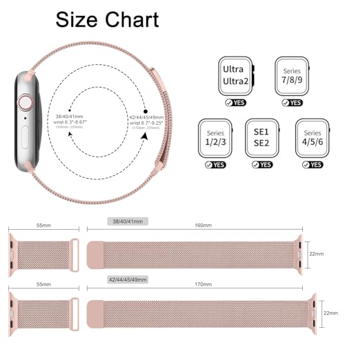 Meliya Metal Strap Compatible for Apple Watch Series 9 8 7 41mm /Series 3 38mm /Series 6 5 4 SE 40mm, Milanese Loop Replacement Metal Mesh Wristband for iWatch Bands, Pink - Image 5