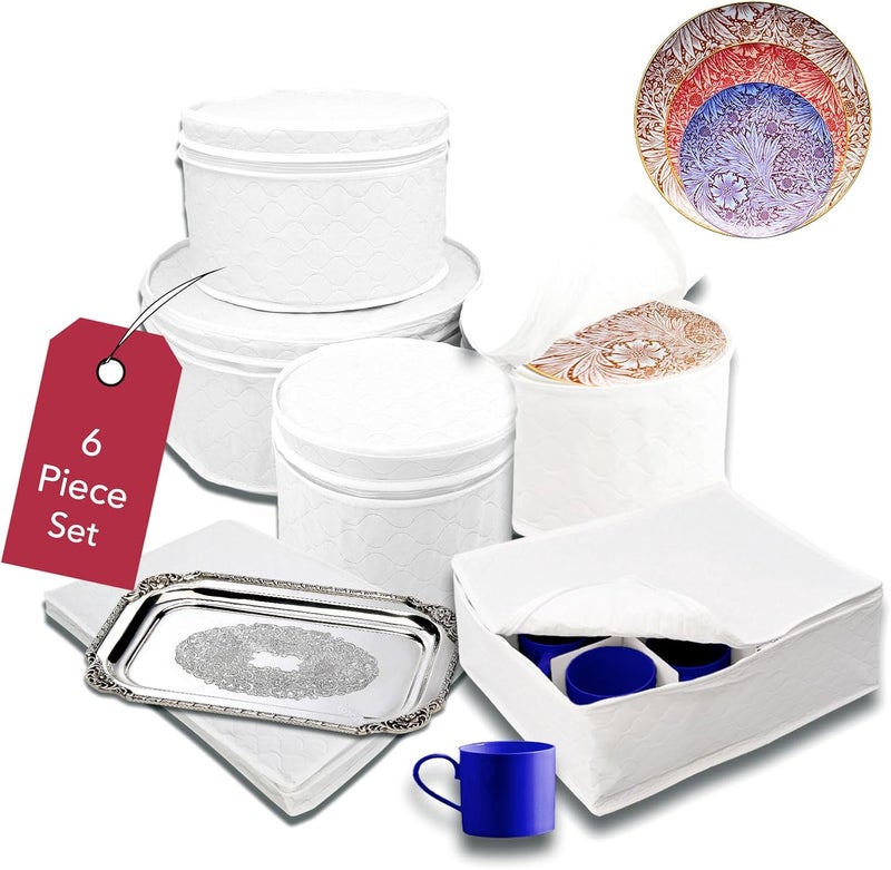 LAMINET 6 Piece Quilted Dinnerware Storage Starter Set - Includes 4 Plate Cases, 1 Cup Case & Platter Case - WHITE - Image 2
