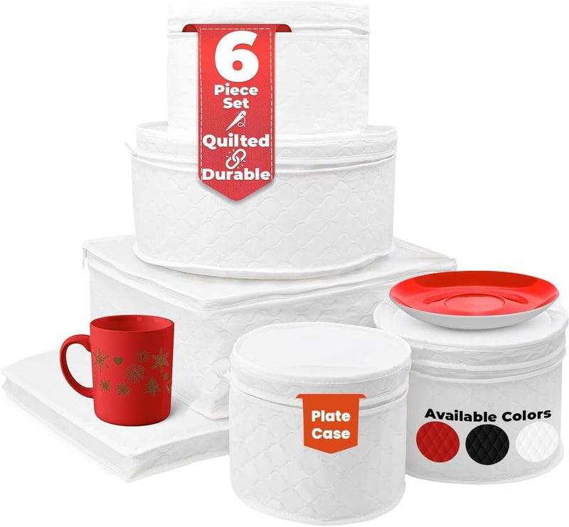 LAMINET 6 Piece Quilted Dinnerware Storage Starter Set - Includes 4 Plate Cases, 1 Cup Case & Platter Case - WHITE - Image 1