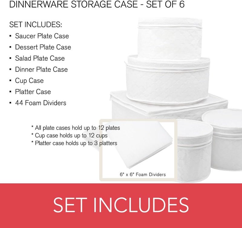 LAMINET 6 Piece Quilted Dinnerware Storage Starter Set - Includes 4 Plate Cases, 1 Cup Case & Platter Case - WHITE - Image 3