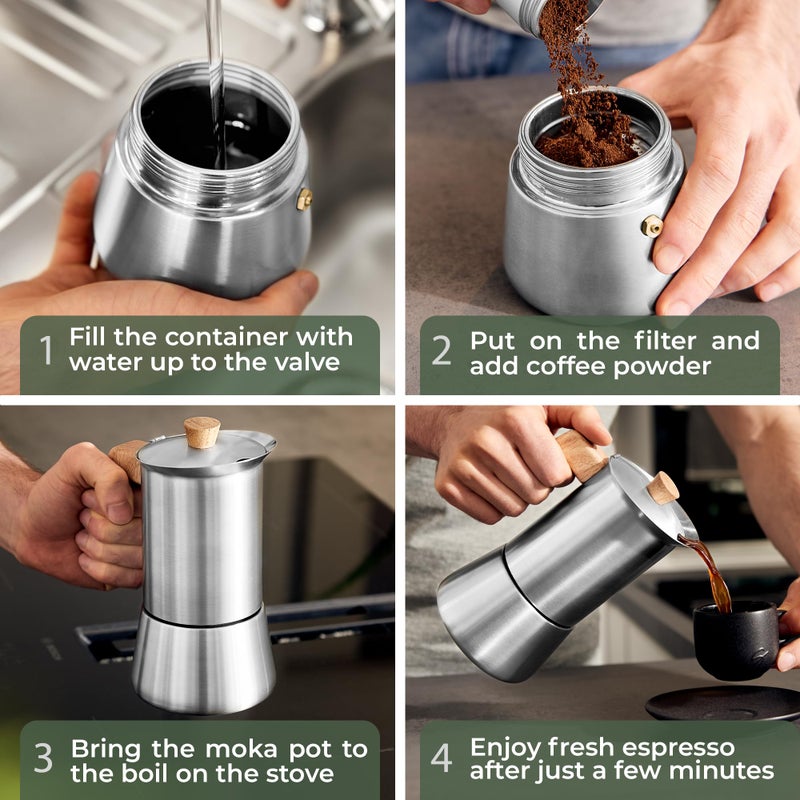 WALDWERK Stainless Steel Moka Pot (10oz) - Toxic Free Moka Pot with Oak Wood Handle - Stovetop Espresso Maker - Italian Coffee Maker for Stovetop and Induction - Image 5