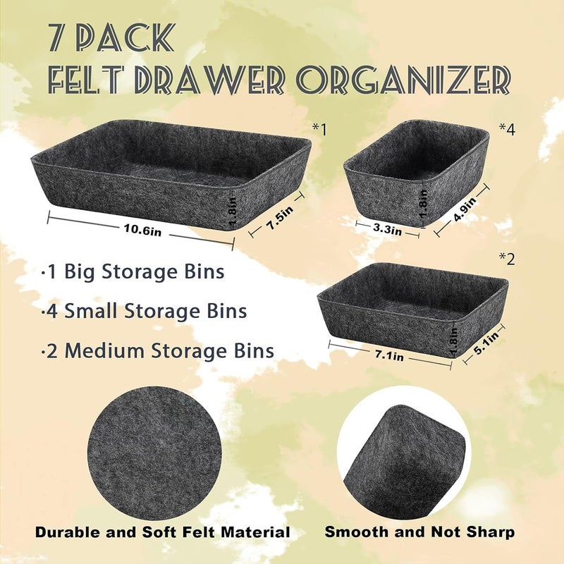 KASTWAVE Felt Drawer Organizer Tray, 7 Pack Shallow Desk Drawer Organizer, Save Desk Space Dividers Box for Office Gadgets and Jewelry Storage (Dark Gray) - Image 5