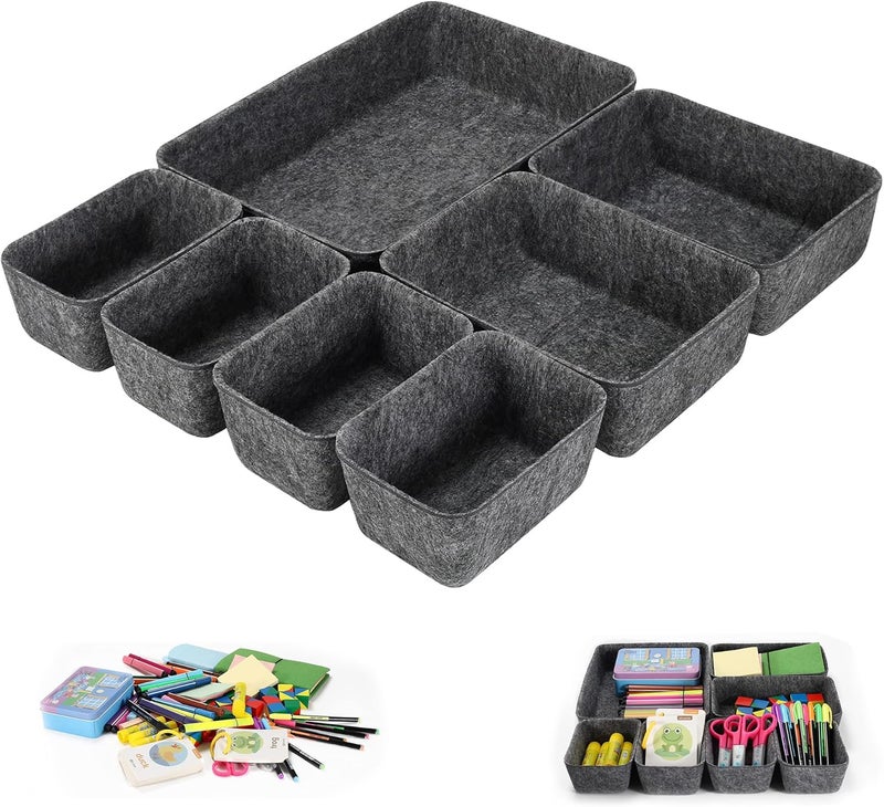 KASTWAVE Felt Drawer Organizer Tray, 7 Pack Shallow Desk Drawer Organizer, Save Desk Space Dividers Box for Office Gadgets and Jewelry Storage (Dark Gray) - Image 1