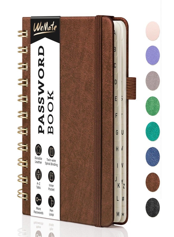 WEMATE Password Book with Alphabetical Tabs, Spiral Password Keeper Book for Seniors, Internet Password Notebook Password journal logbook Small - 4.7''x 6'' (Brown) - Image 1