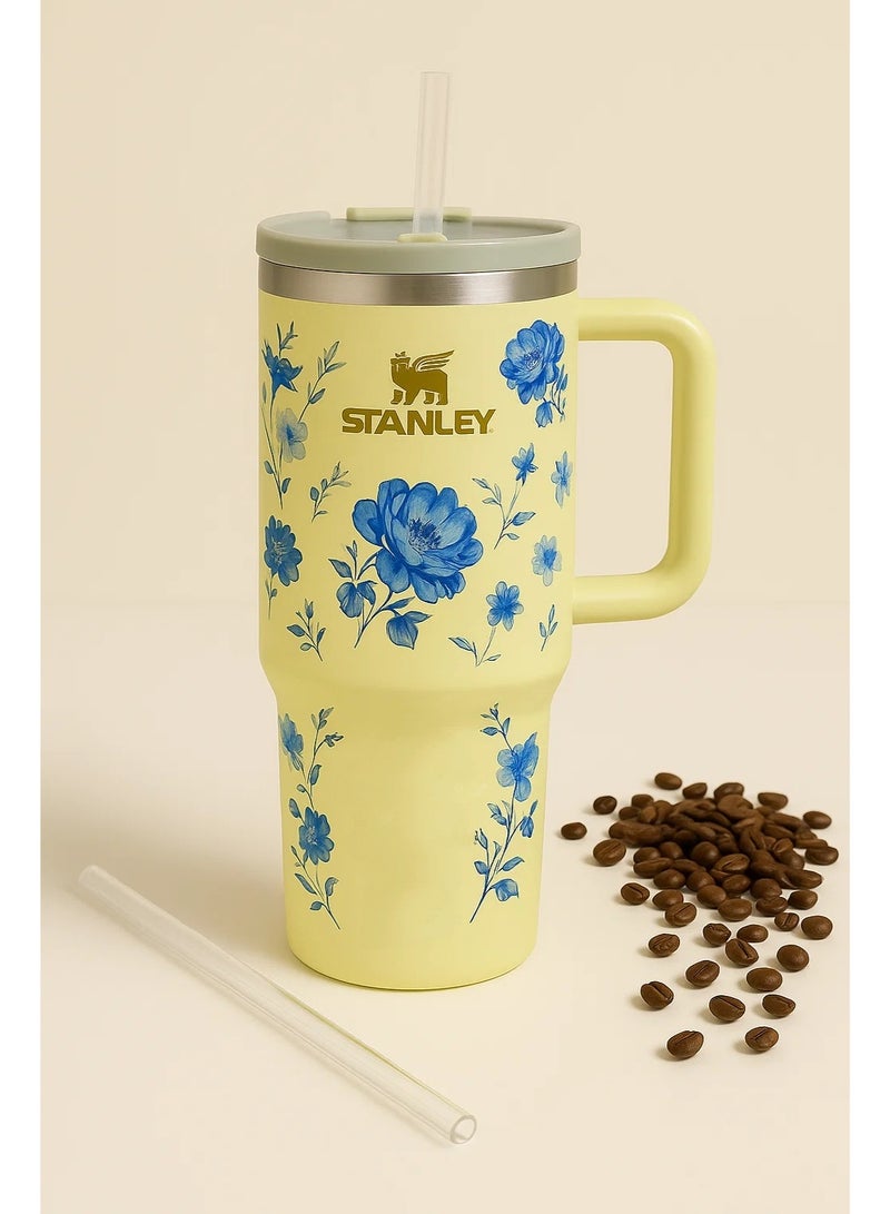 كوب ستانلي الأصلي، كوب ستانلي مختوم، كوب ستانلي سعة 40 أونصة مزود بقشة ومقبض، كوب معزول بغطاء، كوب قهوة من الفولاذ المقاوم للصدأ بحالة تدفق H2.0 للمشروبات المثلجة الساخنة، كوب سفر بمقبض