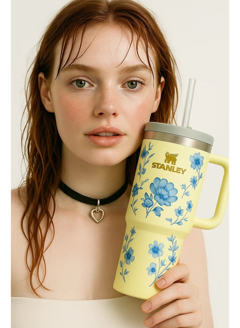 كوب ستانلي الأصلي، كوب ستانلي مختوم، كوب ستانلي سعة 40 أونصة مزود بقشة ومقبض، كوب معزول بغطاء، كوب قهوة من الفولاذ المقاوم للصدأ بحالة تدفق H2.0 للمشروبات المثلجة الساخنة، كوب سفر بمقبض