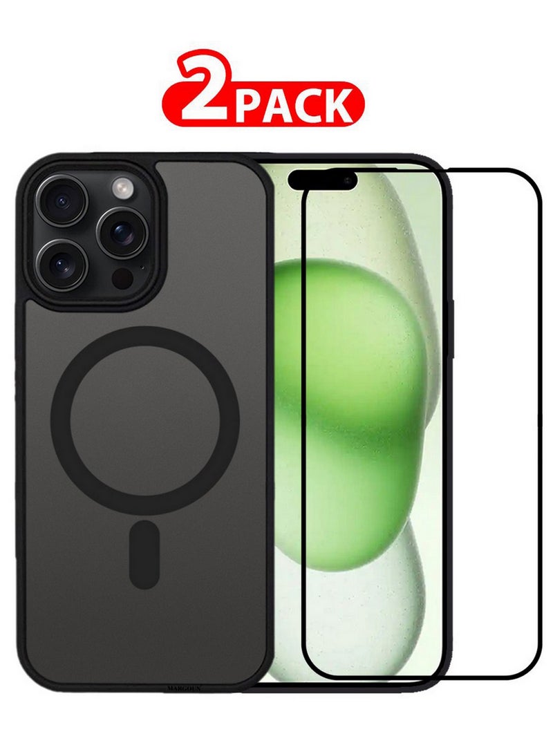 CATANES 2 Pieces Magnetic Slim Protective Case for iPhone 15 Pro - with Wireless Charging Support with 3D Screen Protector - Black - Image 1