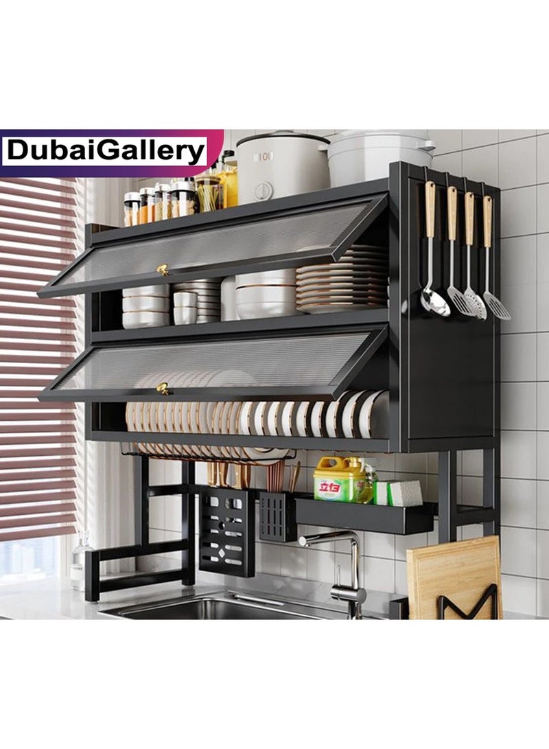 DubaiGallery Organized Home 3 Tier Stainless Steel Length Expandable Kitchen Dish Rack Dish Drying Rack Over Sink Adjustable (85cm-105cm) Large Dish Rack Drainer for Kitchen Organizer Storage Space Saver (Black) - Image 1