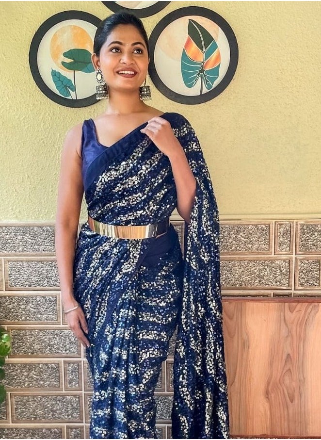 Grab Mantra - Georgette Ready To Wear Saree With Blue And Silver Sequence Work Plus Golden Metal Belt and Unstitched Blouse - Image 1