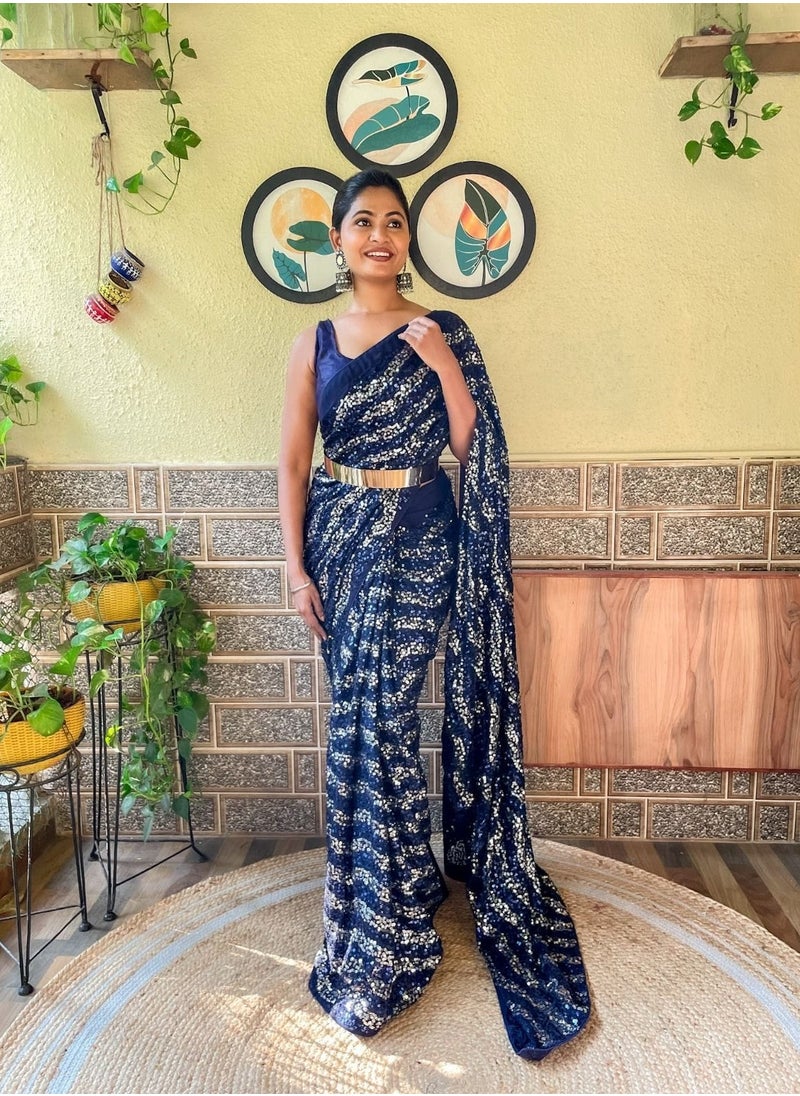 Grab Mantra - Georgette Ready To Wear Saree With Blue And Silver Sequence Work Plus Golden Metal Belt and Unstitched Blouse - Image 1