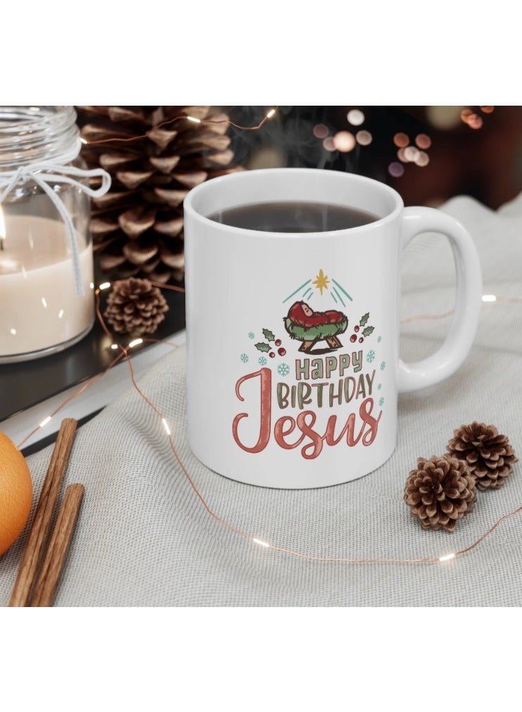 مج كريسماس مكتوب عليه Happy Birthday Jesus – مج سيراميك للقهوة، هدية مميزة - Image 2