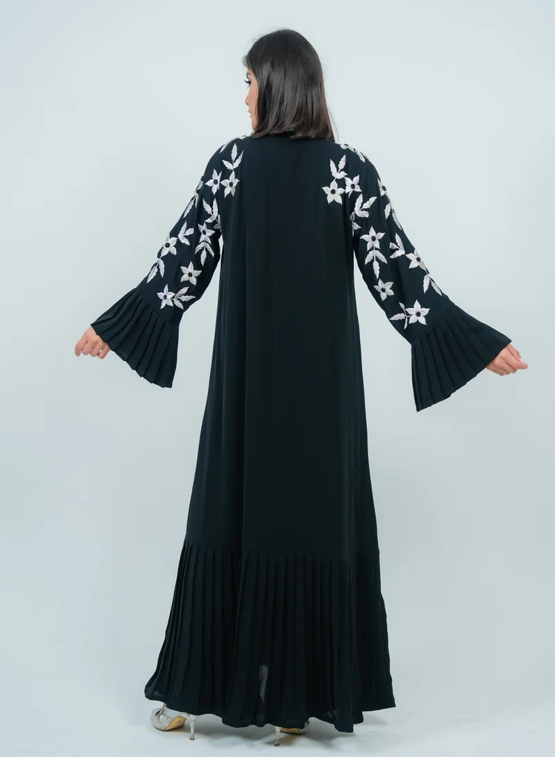Rosette Abaya Embellishment Abaya with Embroidered Sleeves & Pleated Design