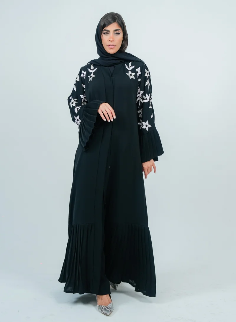 Rosette Abaya Embellishment Abaya with Embroidered Sleeves & Pleated Design