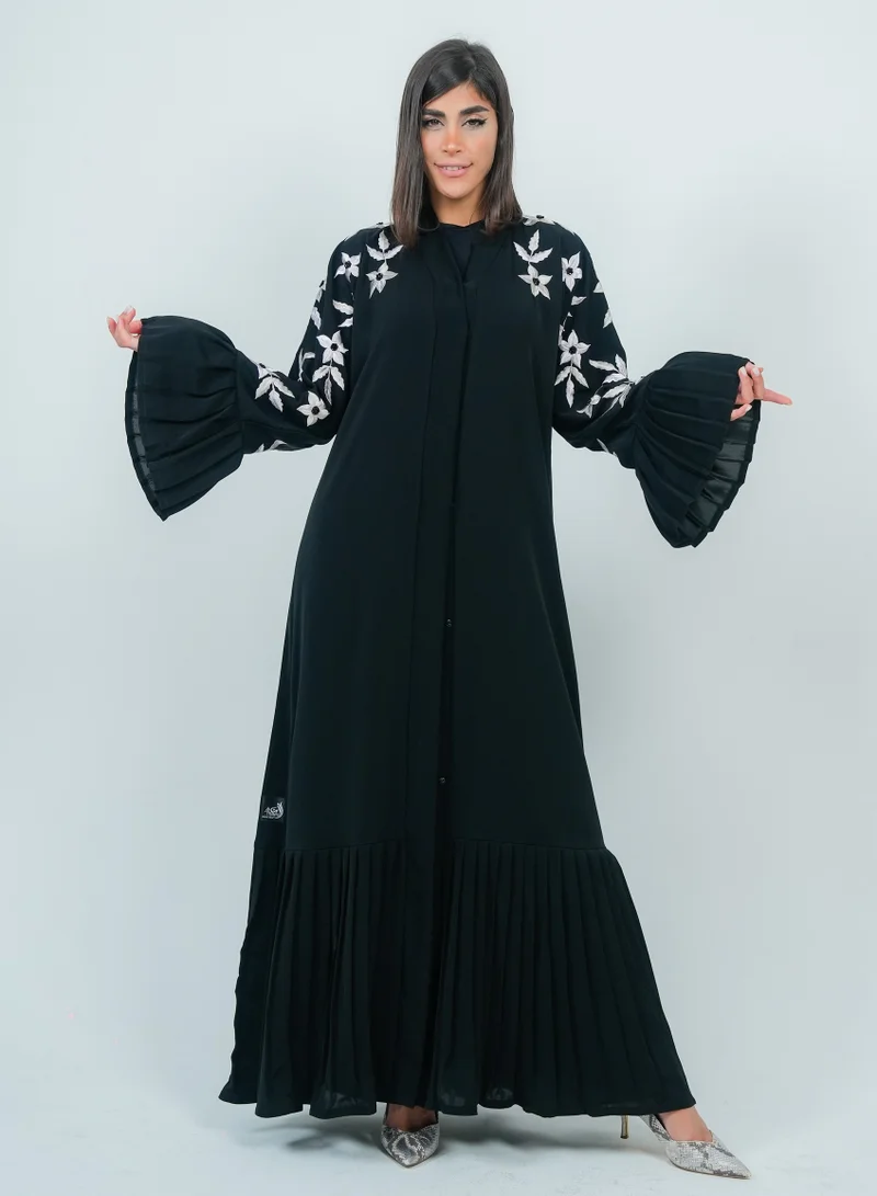 Rosette Abaya Embellishment Abaya with Embroidered Sleeves & Pleated Design