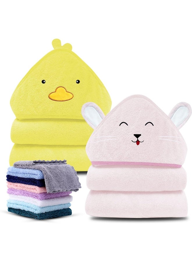 Cute Castle 2 Pack Hooded Baby Towel Rayon Made from Bamboo with 8 Washcloths - Soft Bath Towel for Bathtub for Babie, Newborn, Infant, Natural Baby Stuff Towel (Duck and Rabbit) - Image 1