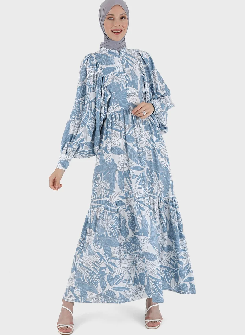 Refka by modanisa Balloon Sleeve Printed Tiered Dress