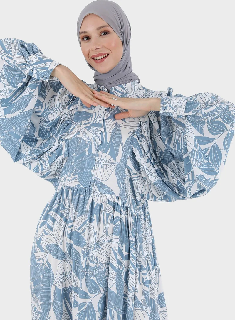 Refka by modanisa Balloon Sleeve Printed Tiered Dress