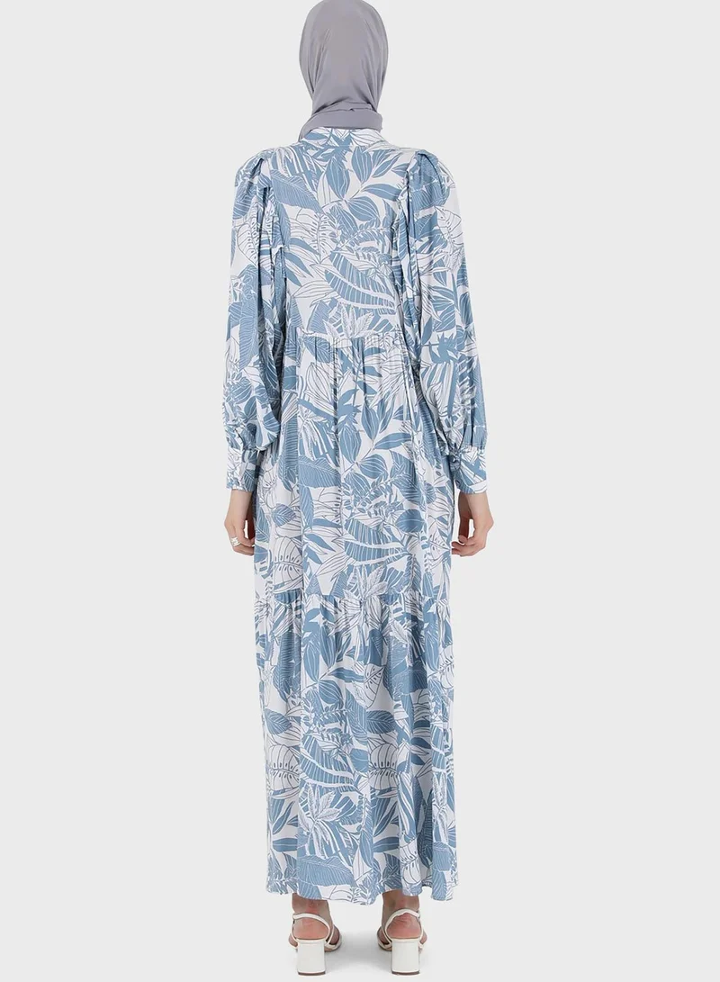 Refka by modanisa Balloon Sleeve Printed Tiered Dress