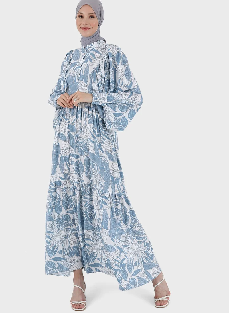 Refka by modanisa Balloon Sleeve Printed Tiered Dress