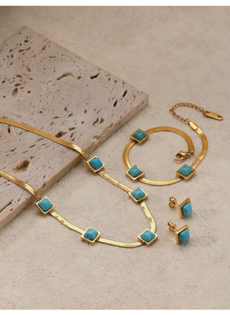 NEW STYLE - Luxury Stainless Steel Necklace & Bracelet & Earrings Jewelry Set For Women Inlaid With Natural Turquoise Stone - Image 1