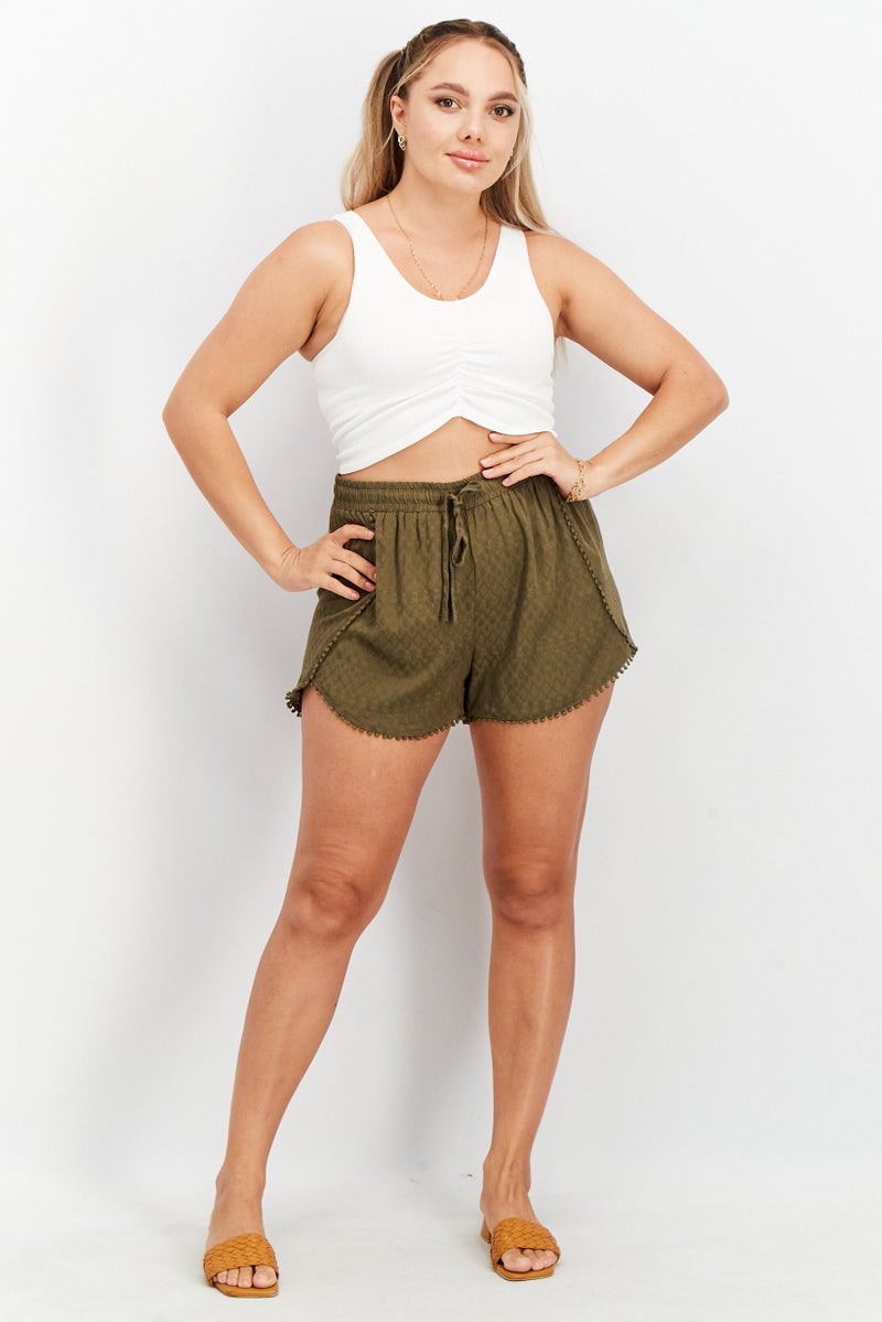 Reserved Women Ball Fringe Trim Pull On Casual Shorts, Olive - Image 2