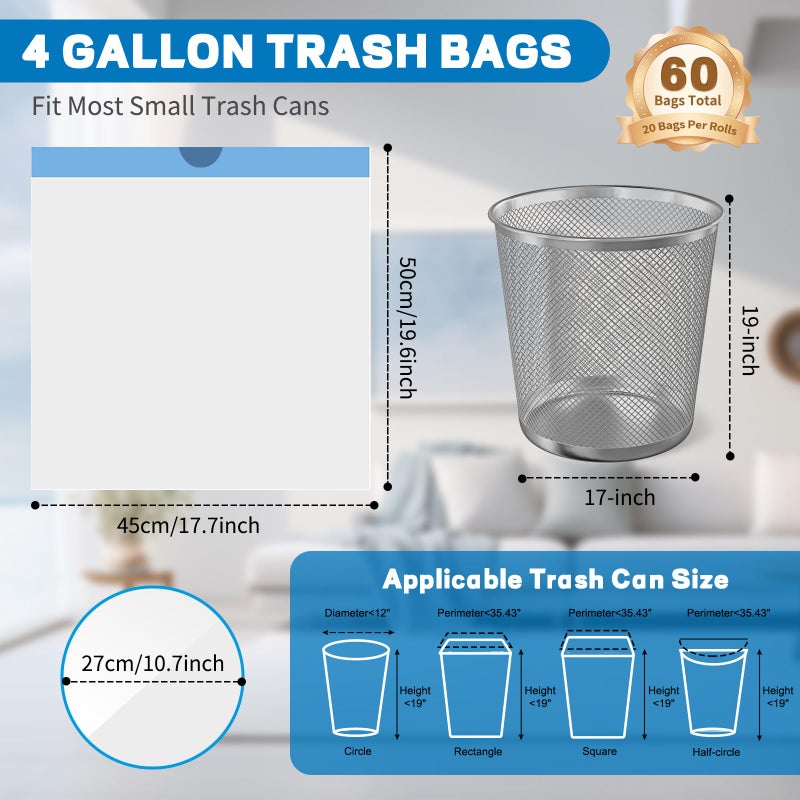 BODFPPC 4 Gallon Trash Bags Drawstring, Small Trash Bags Tear-Free, 4 Gal Unscented White Small Garbage Bags, Separated Thick Plastic Wastebasket Liners for Toilet Home Office and Bedroom, 60 Count - Image 2