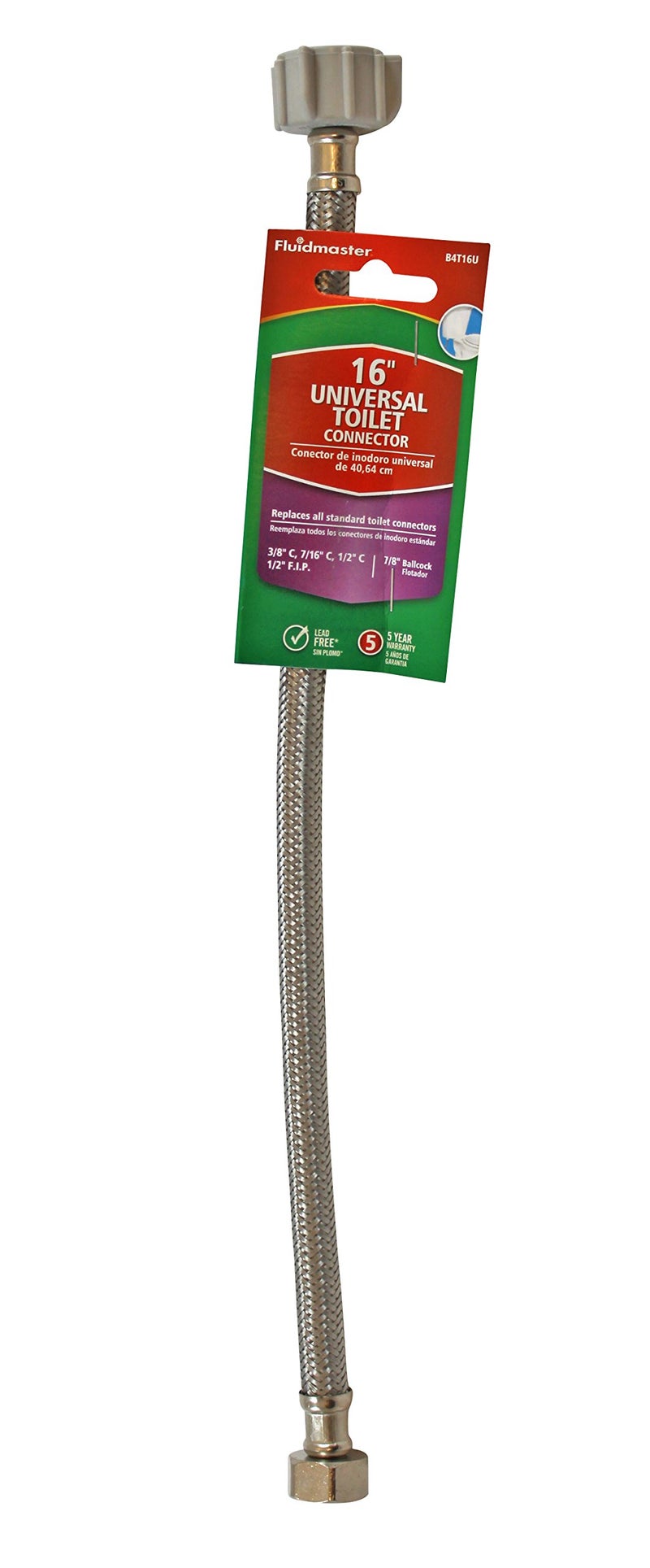 Fluidmaster B4T16U Toilet Connector With Size Adaptors, Braided Stainless Steel - 3/8 Compression, 7/16 Compression, 1/2 Compression, or 1/2 F.I.P. Thread x 7/8 Ballcock Thread, 16-Inch Length, Iron - Image 4