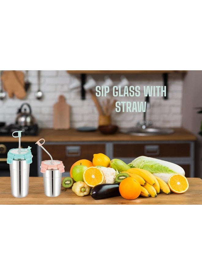LIPSA ENTERPRISE LIPSA ENTERPRISE Stainless Steel Fusion Glass Tumbler with Metal Straws and Cleaning Brush with Lid (SIP Easy 400+600 ML)  - Image 3