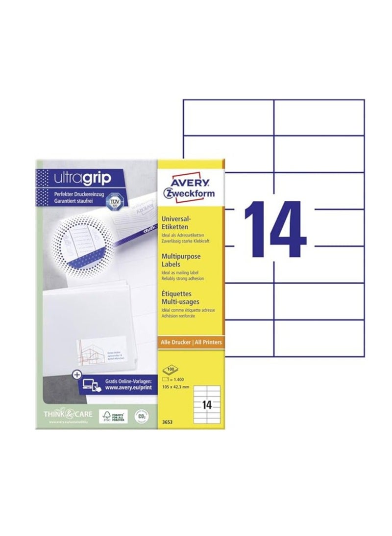 AVERY Zweckform 3653 All-Purpose Labels, Matte Paper, 105 x 42.3 mm, 100 A4 Sheets (1400 Labels) - White - Image 1