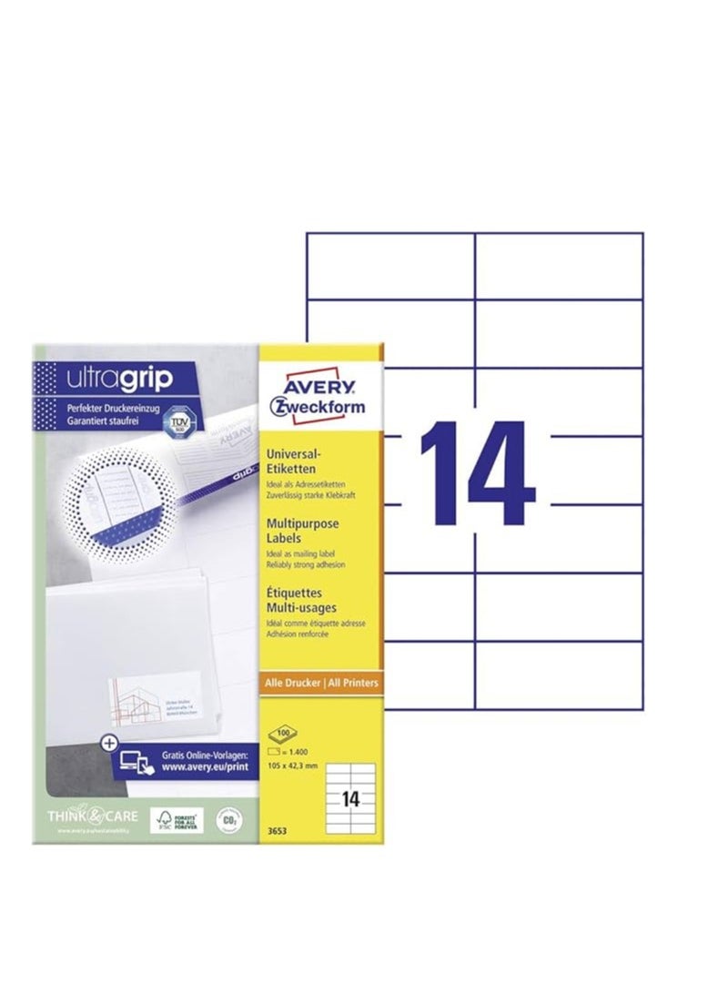 AVERY Zweckform 3653 All-Purpose Labels, Matte Paper, 105 x 42.3 mm, 100 A4 Sheets (1400 Labels) - White - Image 2