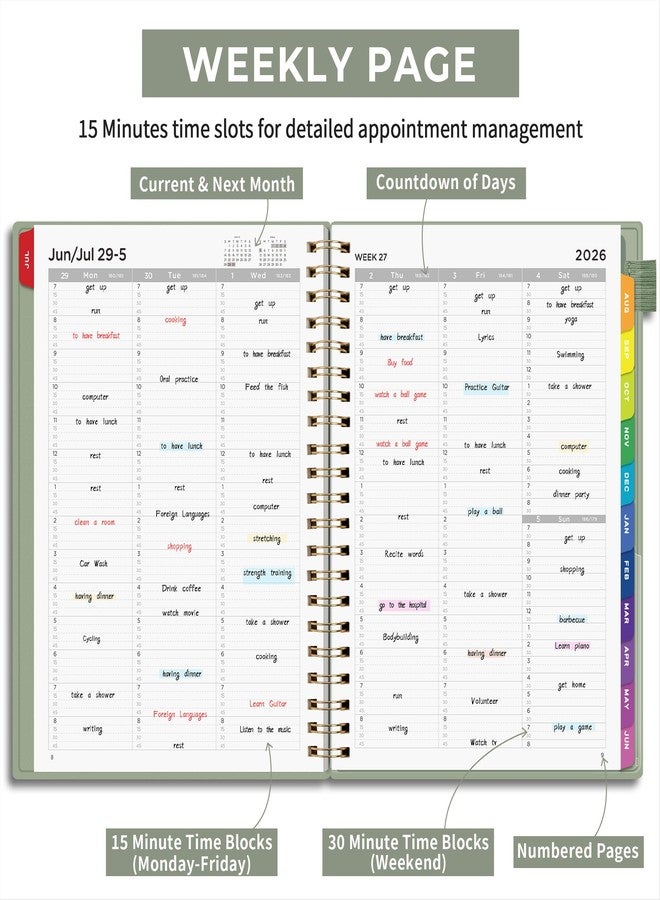 EMSHOI 2026-2027 Appointment Book, A4 15-Minute Hourly Planner, July 2026 - June 2027, Academic Planner Weekly and Monthly, 100GSM Thick Paper, Flexible Cover, Note Pages, Colorful Tabs, Light Green - Image 3