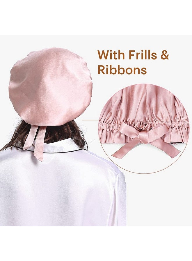 LilySilk Pure Silk Lined Cap For Women Sleep Double Layered Adjustable Ribbons Luxury Natural Silk Bonnet Cap For Sleeping Rosy Pink+Ivory - Image 4